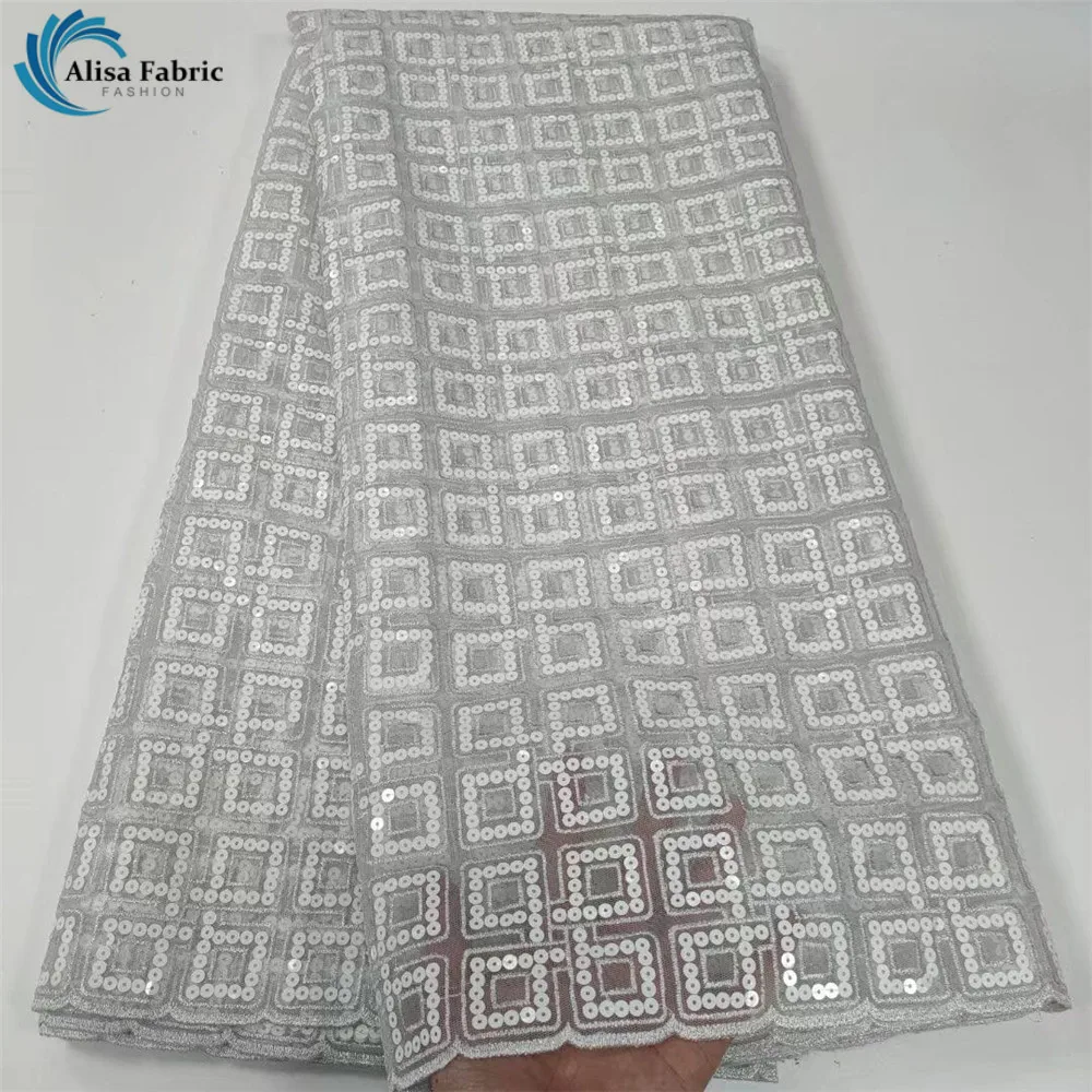 

White French Tulle Lace Fabric with Sequins Nigerian Lace Fabrics 5 Yards Embroidered African Lace Material For Wedding Party