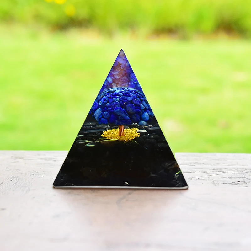 

Handmade 2.75 Inch Tree Of Life Orgonite Pyramid Lapis Lazuli And Obsidian Crystal Orgone Chakra Healing And Mental Purification