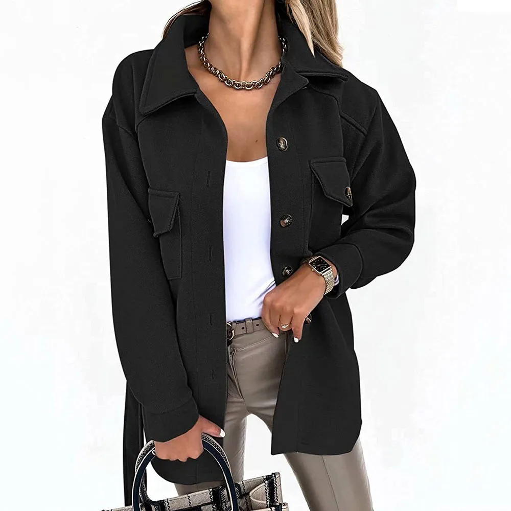 

2021 Women's Autumn New Coat Windbreaker Jacket Casual Simple Style Solid Color Loose Straight Long-sleeved Single-breasted Top