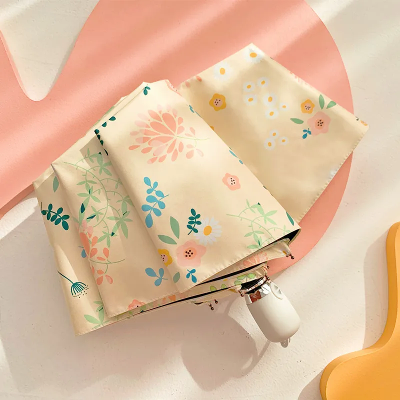 

Small Flowers Printed Folding Women's Automatic Umbrella Mini Pocket Parasol Rain Sun Portable Travel Beach Umbrella Anti UV 1Pc