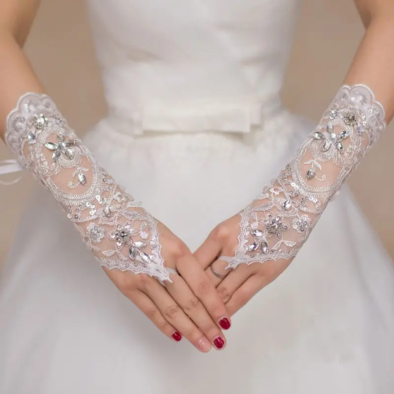 

Short Wedding Gloves Floral Lace Rhinestone Criss Cross Ribbon Bridal Mittens