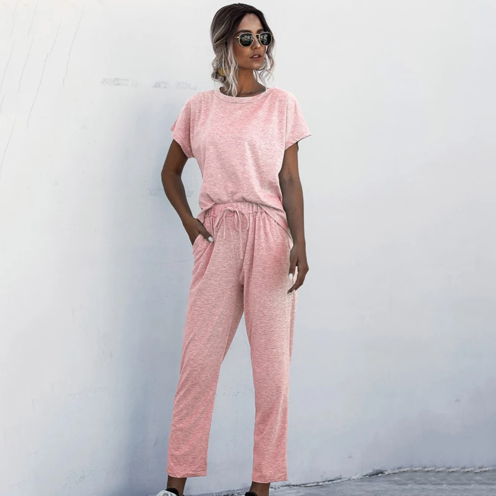 

Женский спортивный костюм из 2 предметов, однотонный костюм свободного покроя с короткими рукавами, круглым вырезом и галстуком, лето костю...