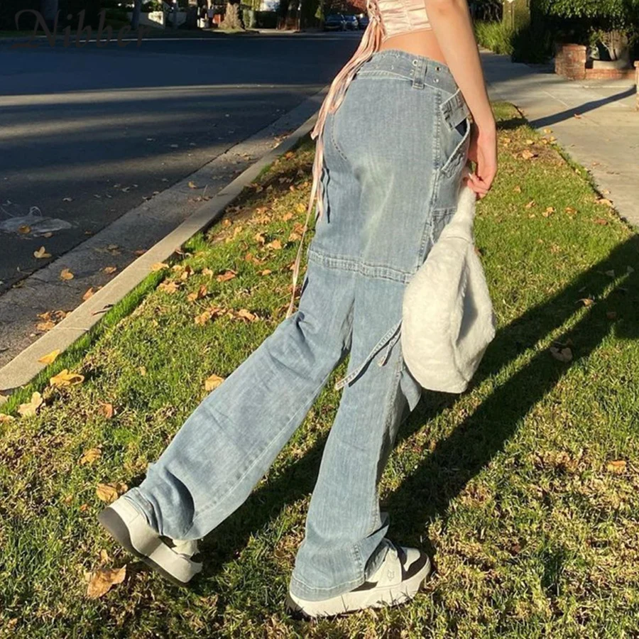 

Nibber Summer New Style Light Blue Jeans Punk Style Belt Pocket Decoration Casual Fashion For Women Commute Out Of The Street