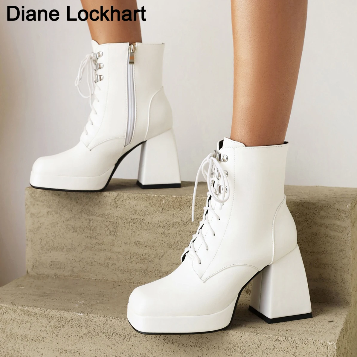 

Spring Autumn Platform Lace Up Ankle Boots Women Square Toe High Heels Chunky Booties White Fashion Ladies Shoes Promotion 43