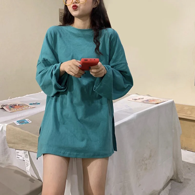 

Oversize Solid O-neck Long Sleeve Women T-shirts Patchwork Split Fork Casual Pullover T-shirt 2021 Autumn Girls Korean Sweet Top