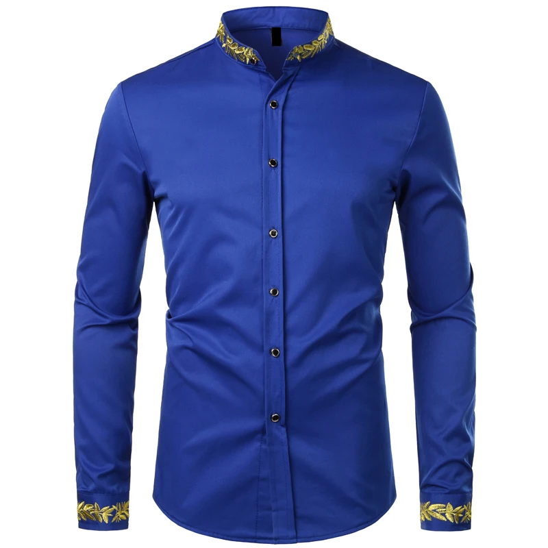 A44 royal blue Мужская рубашка со стоячим воротником, новинка, Брендовые мужские рубашки с длинным рукавом с золотой вышивкой, приталенные хлопковые мужские рубашки, повседневные мужские рубашки - Цвет: A44 royal blue