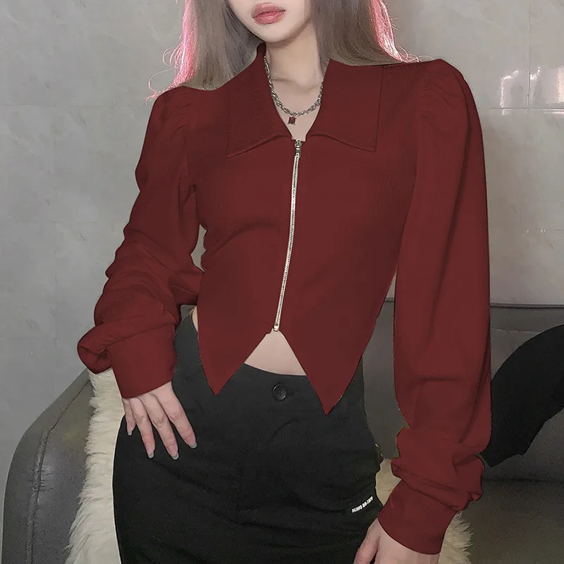 

Весна-осень 2022 г.Новая женская однотонная тонкая толстовка с отворотами, модный кардиган на молнии, топ с ласточкиным хвостом, толстовка с длинными рукавами JD2183