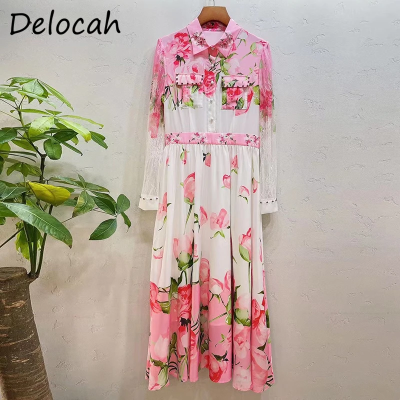 

Женское вечерние-миди с рукавами-фонариками Delocah, кружевное платье с цветочным принтом и карманами, лето 2021