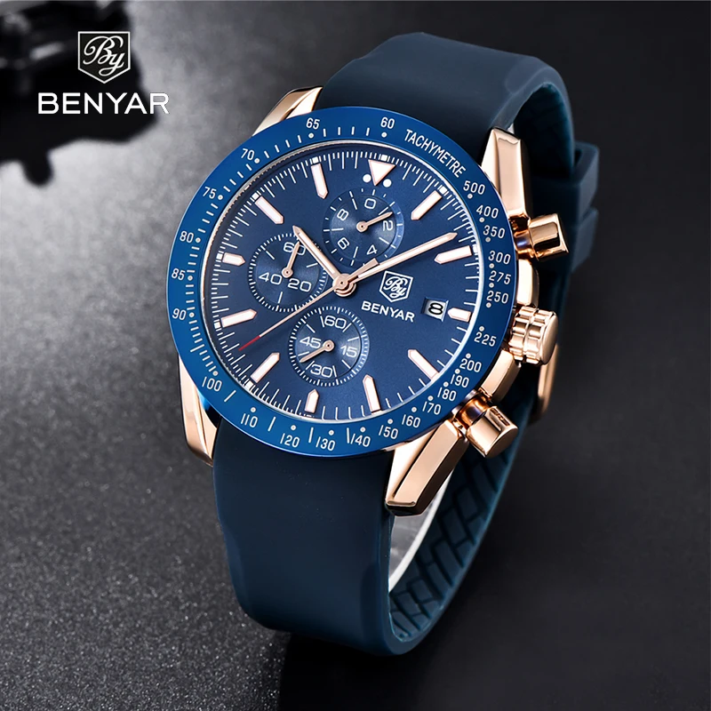 Силиконовые часы хронограф Для мужчин BENYAR Роскошные Брендовые спортивные