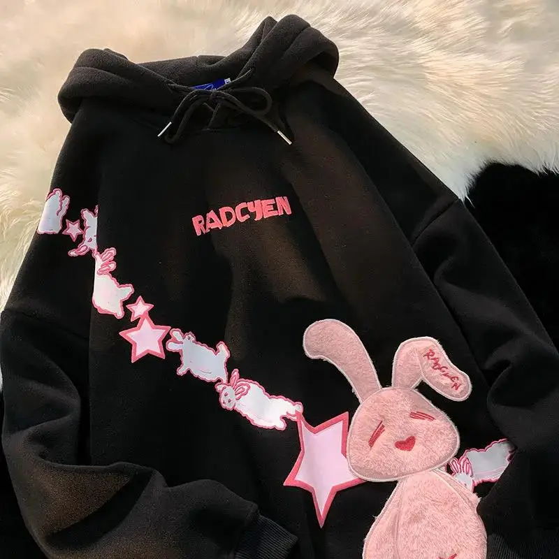 

Japanese Fashion Rabbits Embroidery Cartoon Hoodies Sweatshirt Women Kawaii Clothes for Teens Harajuku Streetwear Large 2XL Tops