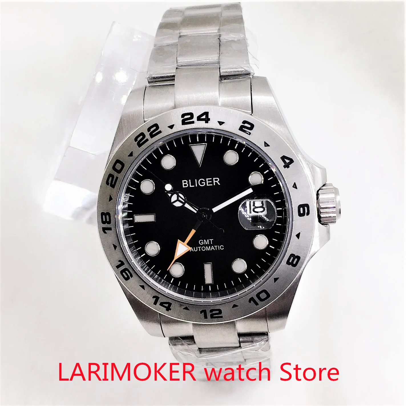 

43mm BLIGER Black Dial GMT Function Men's Wristwatch Sapphire Crystal Solver Color Bezel Auto Date Stainless Steel Band