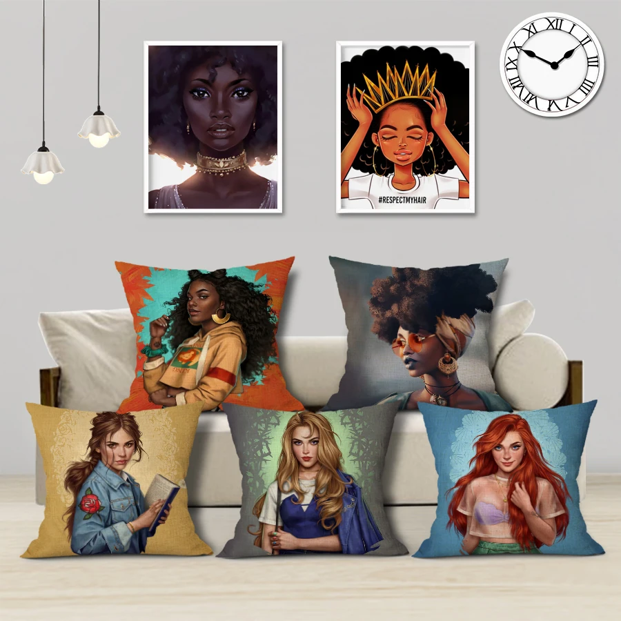 

Beautiful Africa Princess Decorative Art Oil Painting Sofa Throw Pillow Case Linen African Lifestyle Home Cushion Cover