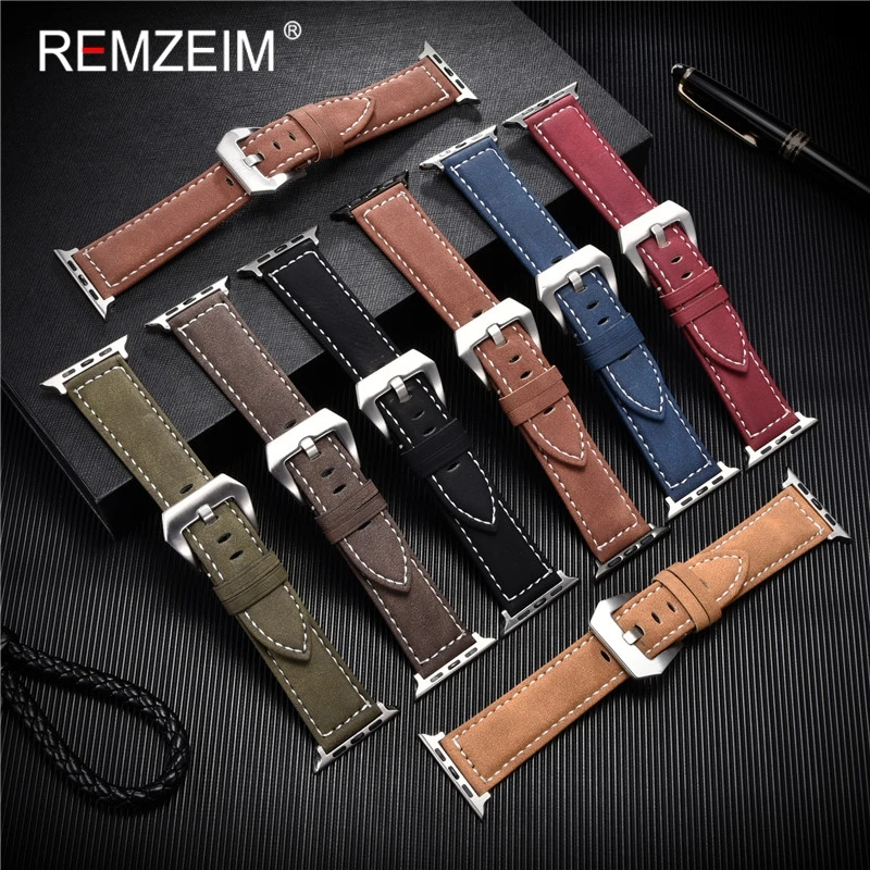 

REMZEIM NEW Matte Leather Watch Band Strap For Apple Watch 4 3 2 1 38mm 40mm Leather Watch Band for iwatch 5 44mm 42mm Bracelet