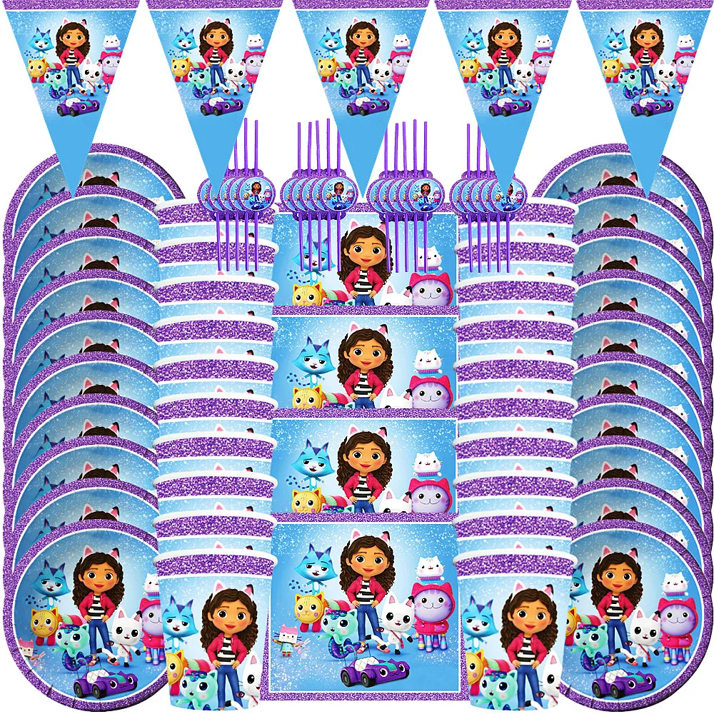 

Cartoon Gabby Dollhouse Party Disposable Tableware Set Paper Cups Plates Napkins Straws Flag Birthday Party Decorations Supplies