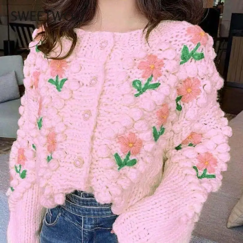 2021 New Women Winter Handmade Sweater and Cardigans Floral Embroidery Hollow Out Chic Knit Jacket Pearl Beading Cardigans