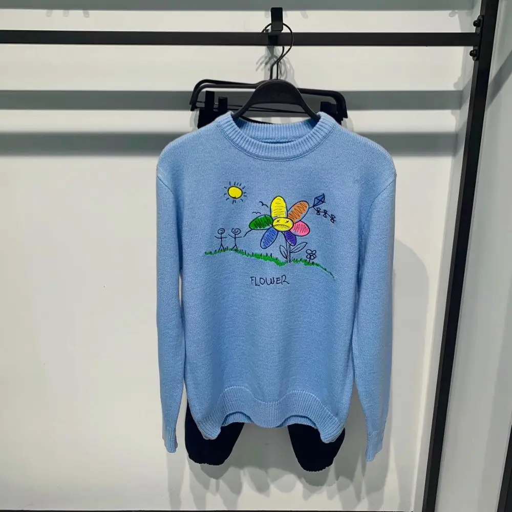 

2021 Autumn Winter Runway New Flower Knitting Sweaters Men's O-neck long sleeve Pullover Korean Tops