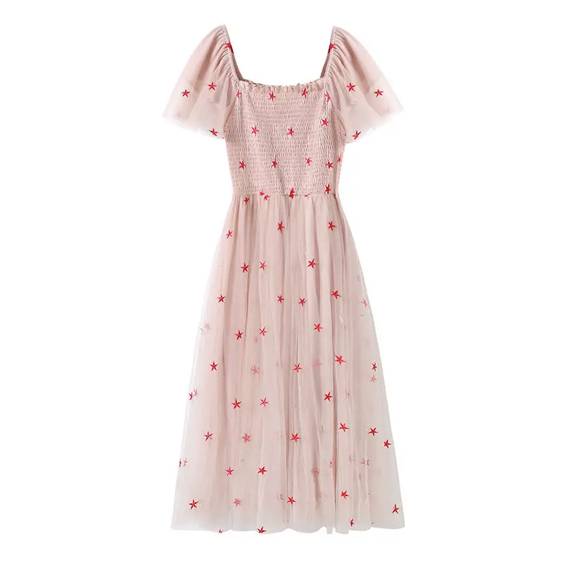 

2021 New Summer Women's Dress French Mesh Embroidery Square Collar Korean Student Female Sweet Seaside Vacation Beach Long Skirt