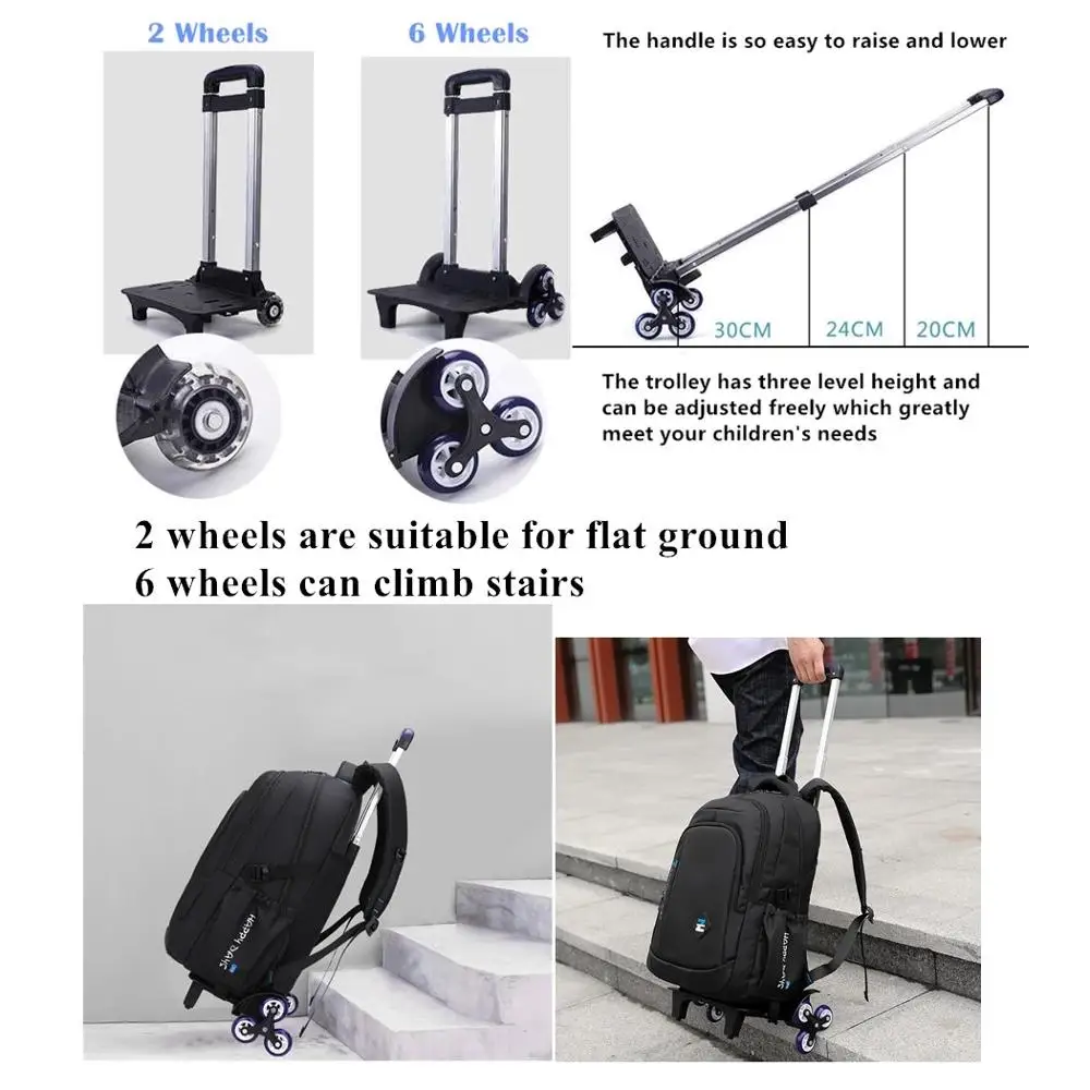 School Bag for Boys On Wheels Children Removable Trolley Schoolbags Backpack Boys Rolling Backpack Carry On Travel Luggage