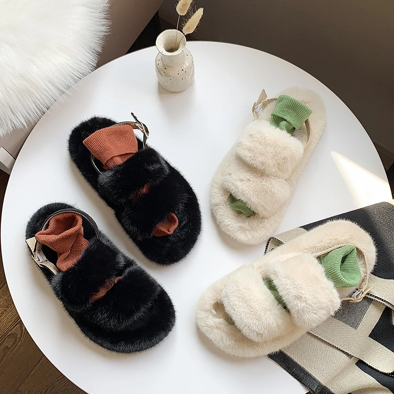 

Furry Slippers Women's Outer Wear 2020 New Style Slipper Ins Fashion Girl's Heart Autumn Women's Shoes Slides with Fur