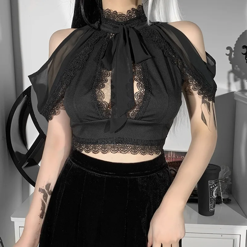 

Mall Goth Mesh Harajuku T-shirt Women Fairycore Aesthetic Gothic Lace Hollow Out Crop Y2K Tops Streetwear Emo Alt Clothes Summer