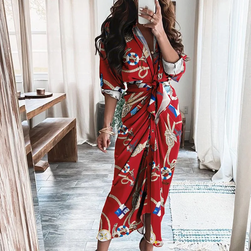 

Spring Women Deep V Neck Sexy Print A Line Dress Autumn Retro Slim Bodycon Dress Casual Ladies Long-sleeves Dress Femme Vestidos