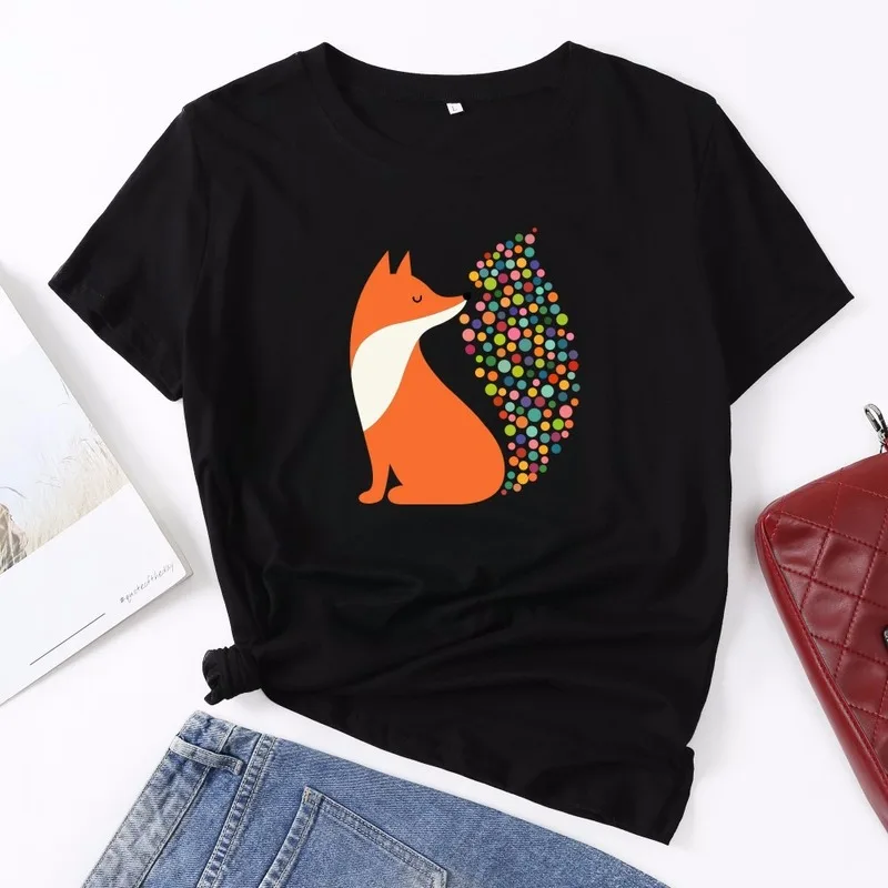 Women T Shirt Summer Short Sleeve Cotton Plus Size 5XL Aesthetic Cartoon Fox Print Casual O Neck Female Tshirt Graphic Tees Top|Футболки| |