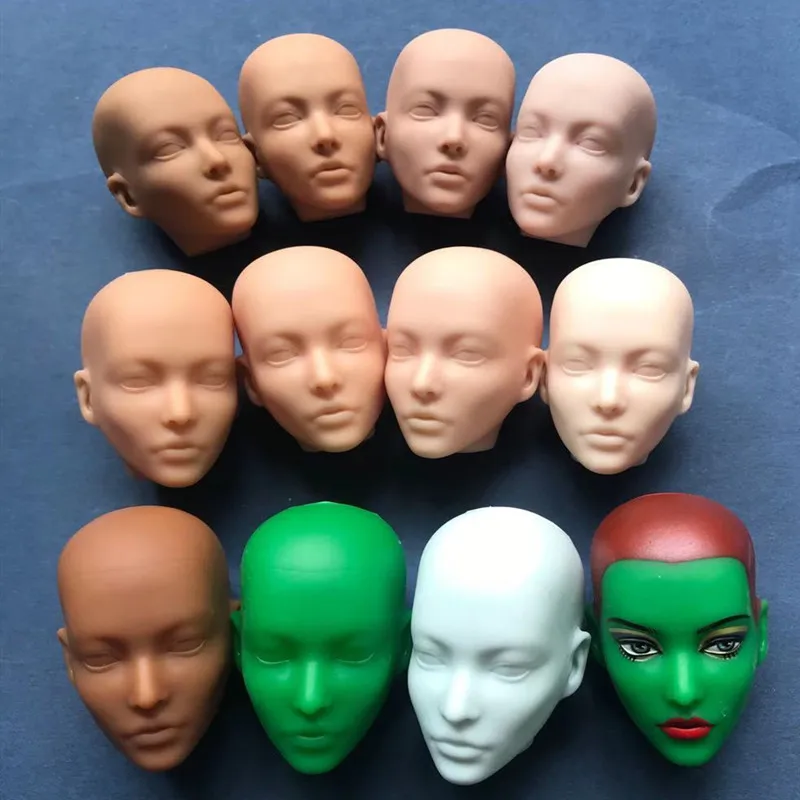 

MENGF FR Doll Bald Heads 11 Skin Color Blank No Makeup Face Head White Blue Green Beige Brown Coffee Color Replacement Doll Hand