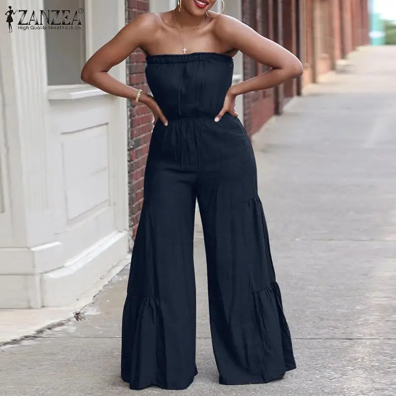 

ZANZEA Women Summer Ropmers Jumpsuits Fashion Bare Shoulder Casual Wide Leg Playsuits Oversize Solid Elastic Waist Long Overalls