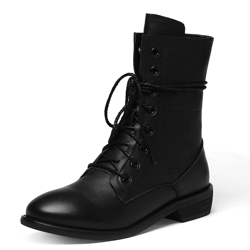 Beli Asumer Besar Ukuran 34-42 Fashion Kulit Asli Sepatu Renda Wanita Putaran Kaki Sepatu Bot Rendah Tumit Musim Gugur Sepatu Bot Musim Dingin Wanita