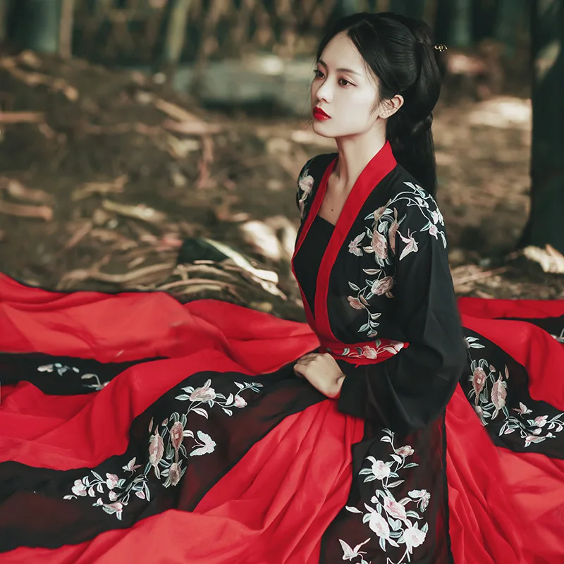 Традиционный китайский костюм красного и черного искусства ханьфу Женская юбка