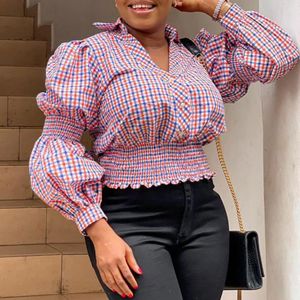 

Lattice Sexy Blouse Women Long Sleeve Plaid Tee Color Block Elegant Ladies Casual Autumn Sweet Streetwear Young Fashion African