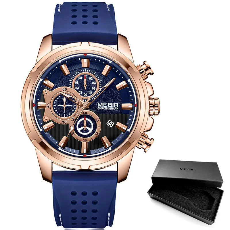 MN2101G-Blue rose MEGIR армейские спортивные кварцевые часы, мужские наручные часы с хронографом и силиконовым ремешком, роскошные часы от ведущего бренда Relogios Mascuoino, часы, серебро 2101 - Цвет: MN2101G-Blue rose