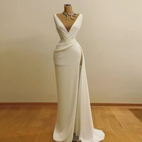 elegant white evening dresses 2020 satin mermaid v neck high split sexy evening dress long