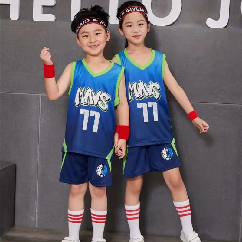 

New 77 Number Basketball Uniform Suit Children Outdoor Sportswear Boys Sleeveless Vest Youth Basketball Vest Shorts Sportswear