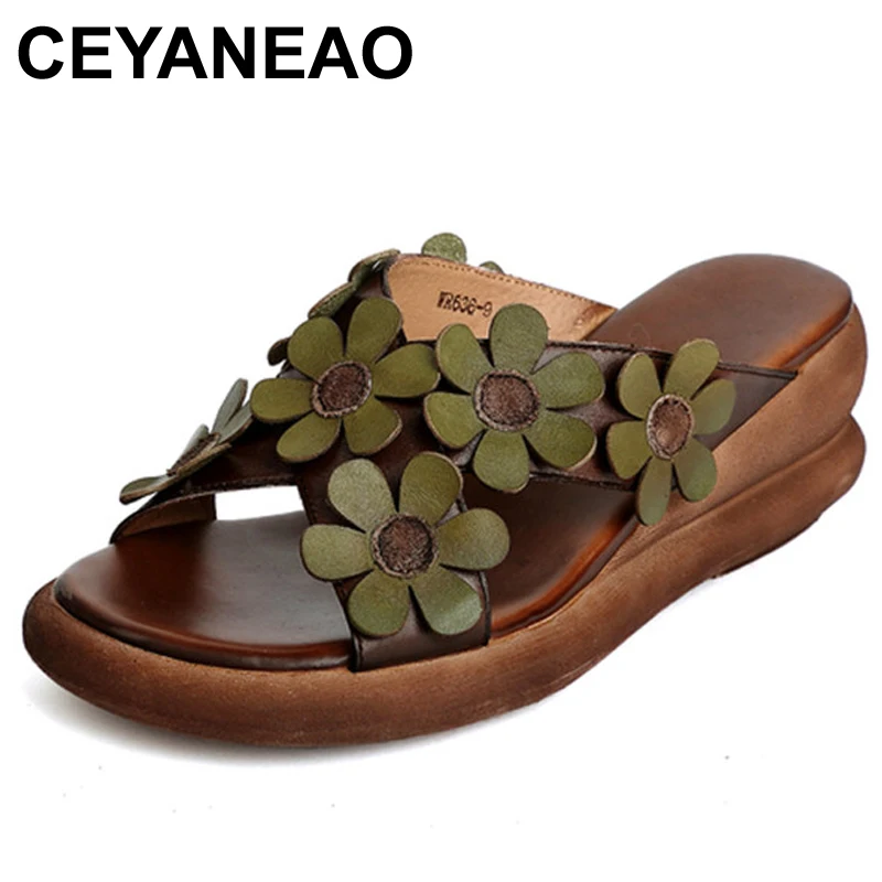 

CEYANEAO2021 Summer first layer cowhide fish mouth flower women's shoes sponge cake bottom leather sandals and slippers