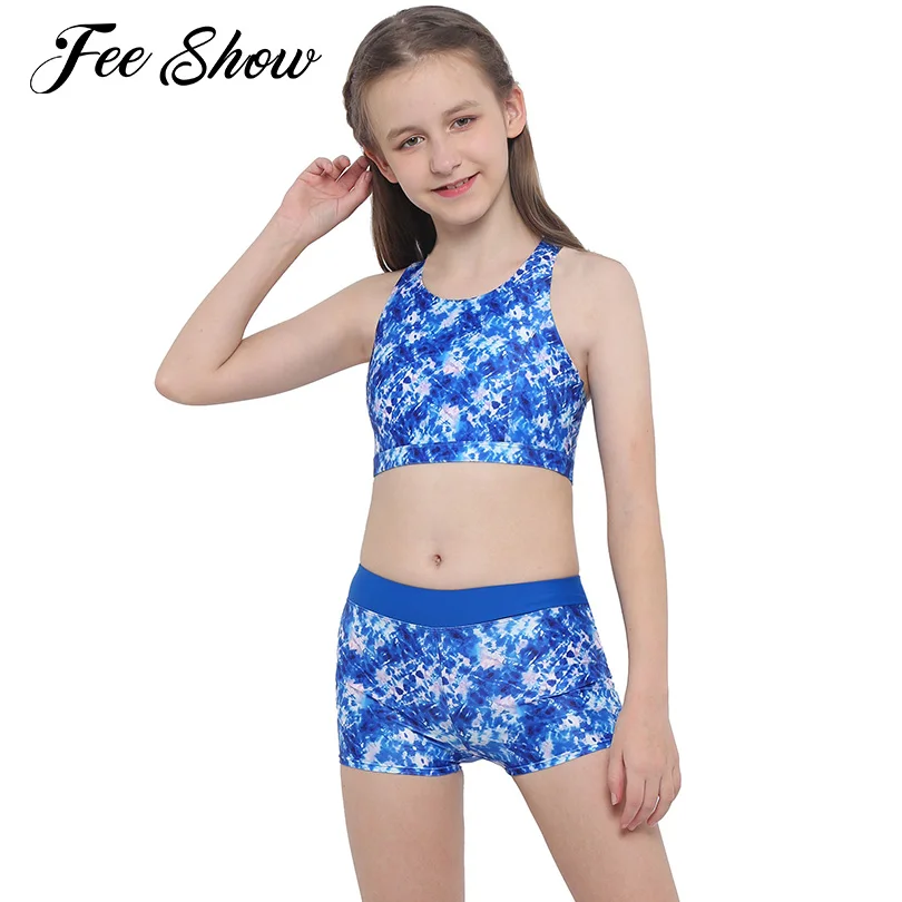 

Summer Kids Two Pieces Swimsuit Girls Bathing Suit Beach Swimwear Sleeveless Crisscross Back Printed Top with Boyshorts Bottoms