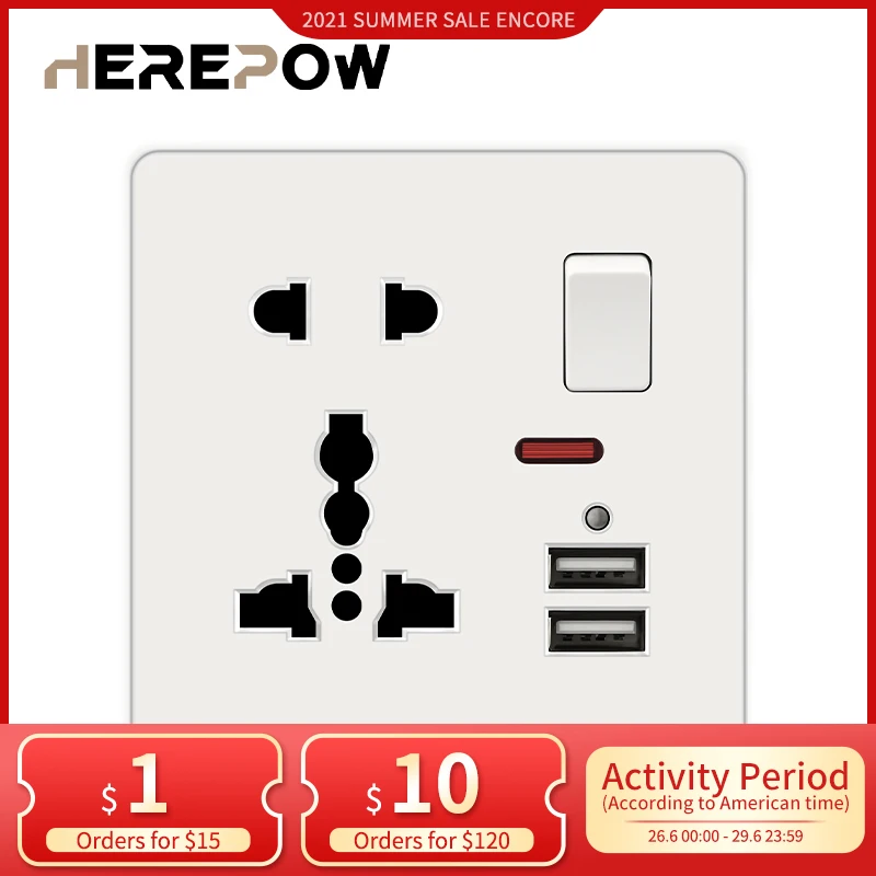 Herepow универсальная настенная розетка с двойным USB переключателем умный
