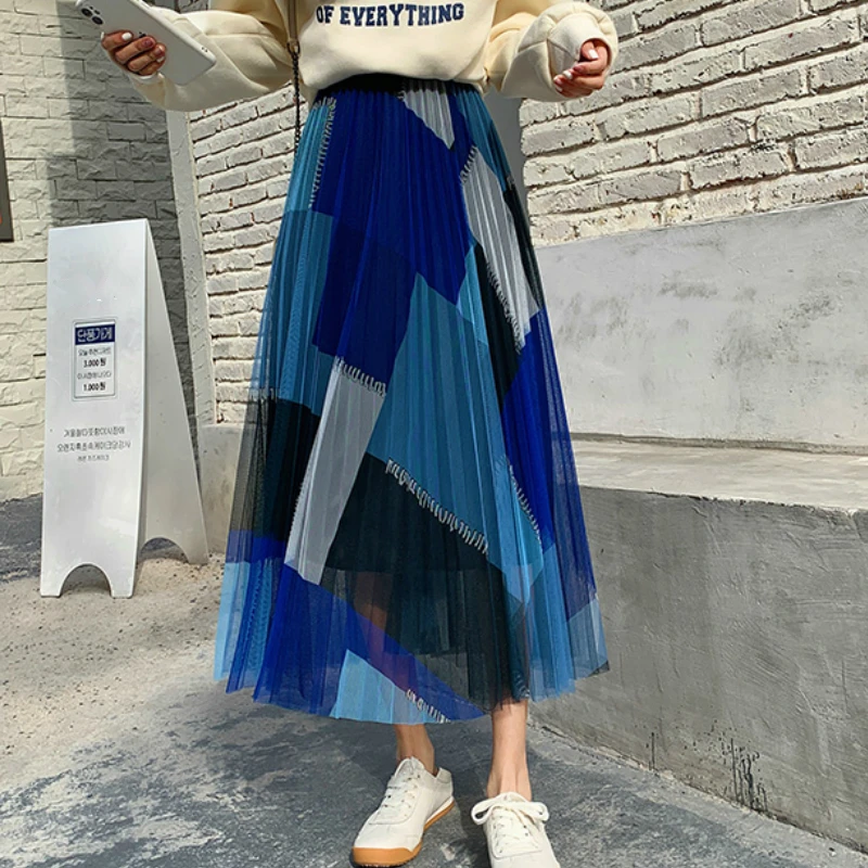 Женская плиссированная юбка-трапеция длинная клетчатая юбка из фатина в стиле