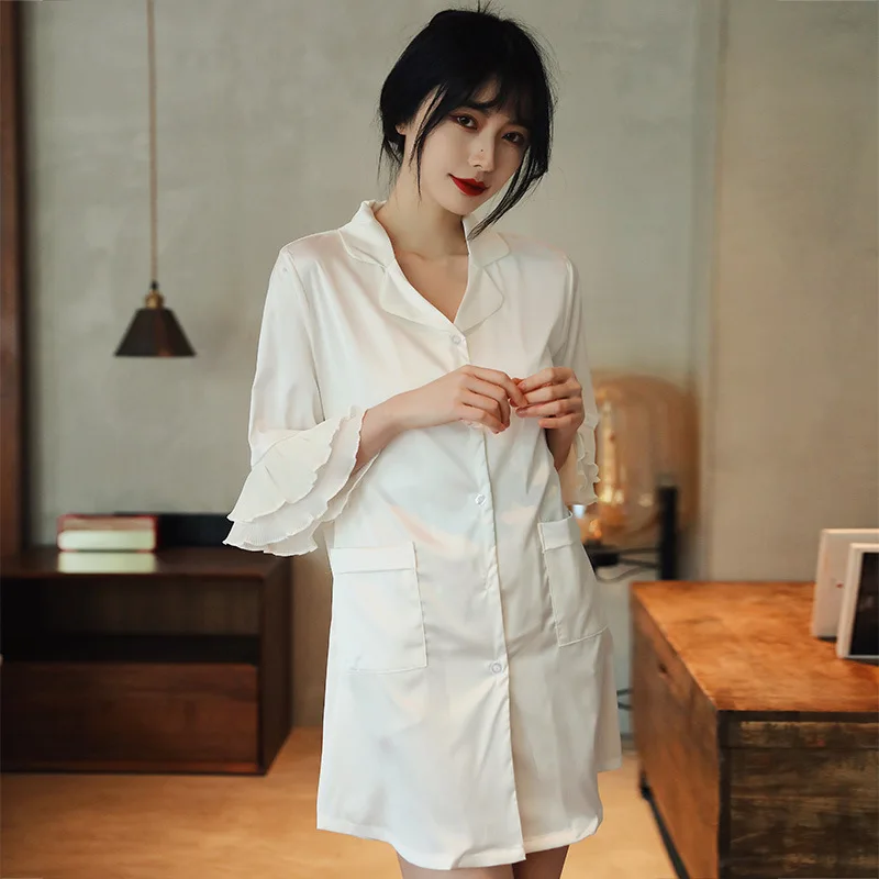 Атласная летняя новая Домашняя одежда ночная рубашка с расклешенными рукавами