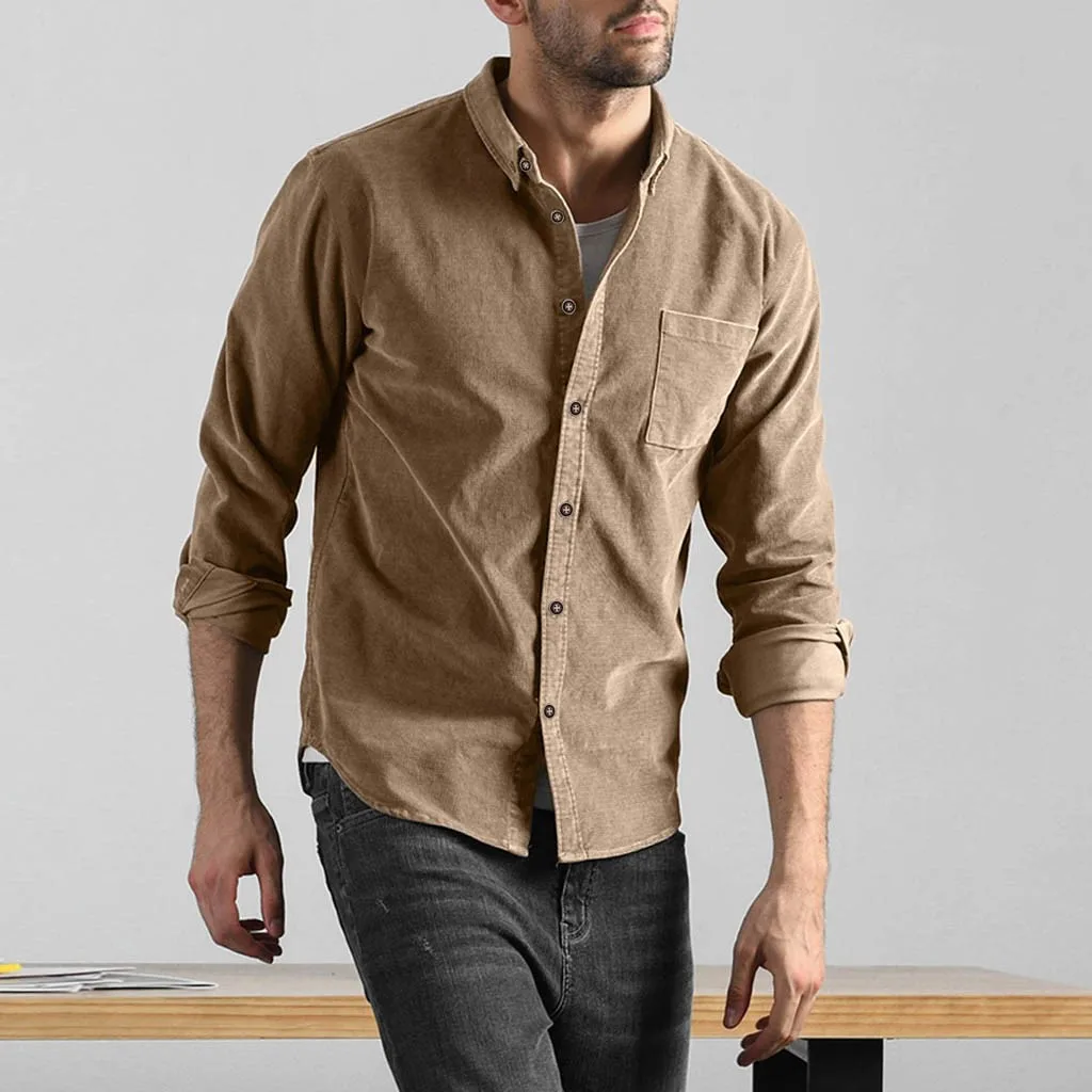 Мужская Вельветовая рубашка Повседневная Однотонная с карманами и длинным