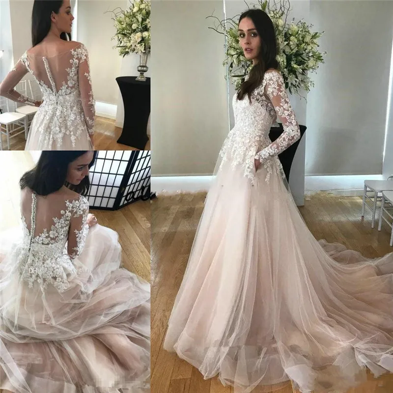 

Long Sleeves Lace Appliques Ladies Wedding Dress Buttons Back Tulle Skirt Natural Ladies Bridal Gowns Formal Vestidos De Mariage
