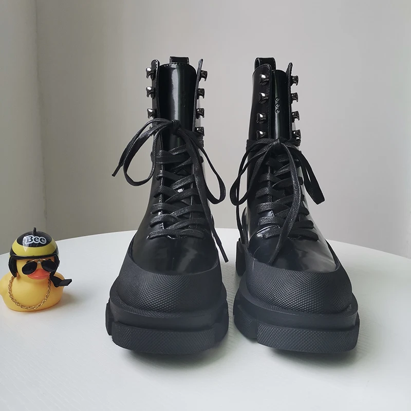 Design NEW Rock punk women shoes round toe patent leather med 5cm heel platform cross-tied Retro party boots | Обувь