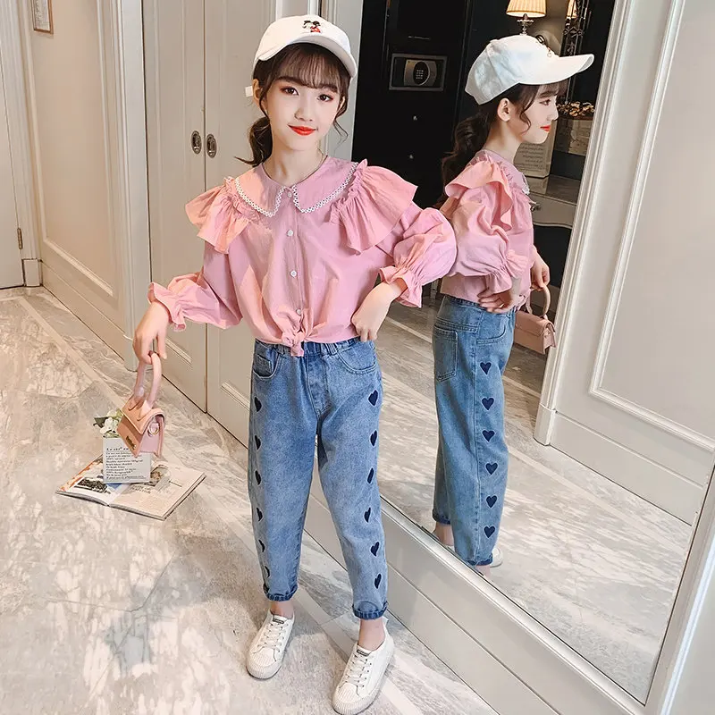

Girls Autumn Outfits Fashion Children Clothing Set 2021 Long Sleeve Ruched Shirts + Heart Jeans 2 Pcs for Teenage Girls Clothes