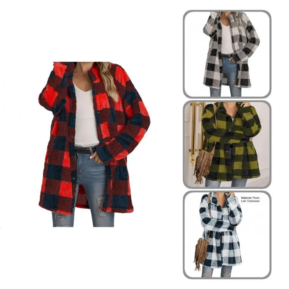 

Classic Plaid Print Women Fluffy Cardigan Fluffy Cardigan Mid-Length Long Sleeve