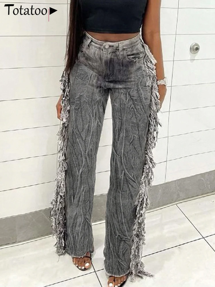 

Женские прямые джинсы с бахромой Totatoop, пикантные брюки с высокой талией, широкими штанинами и молнией, уличная одежда серого цвета, весна 2022