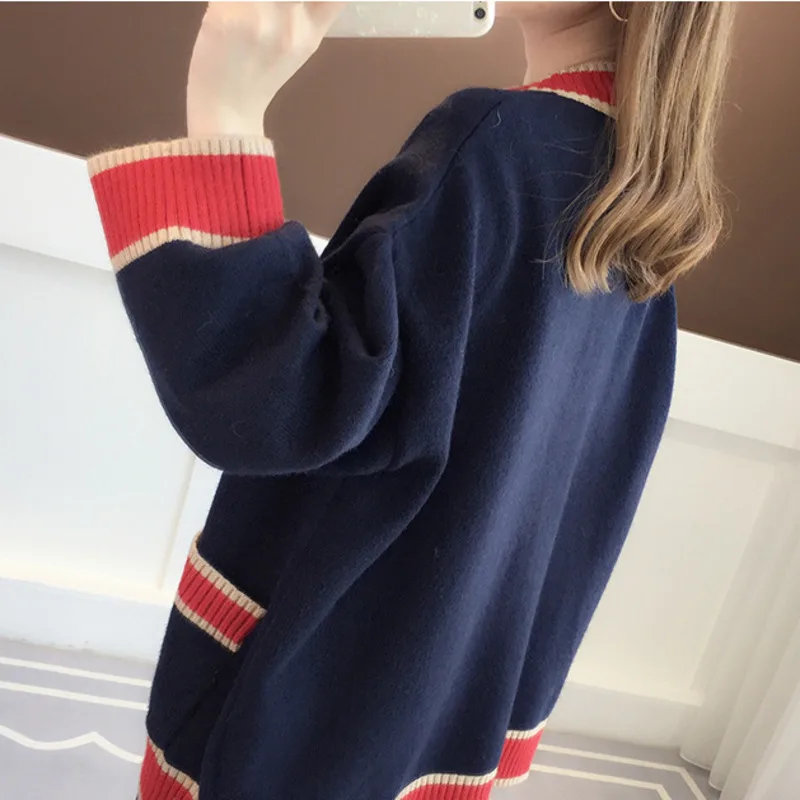 

2021Women Cardigan Knitted Korean Fashion Stripe Wool Sweater For Women Winter Long Sleeve V-neck Casual Knitwear Coats Female