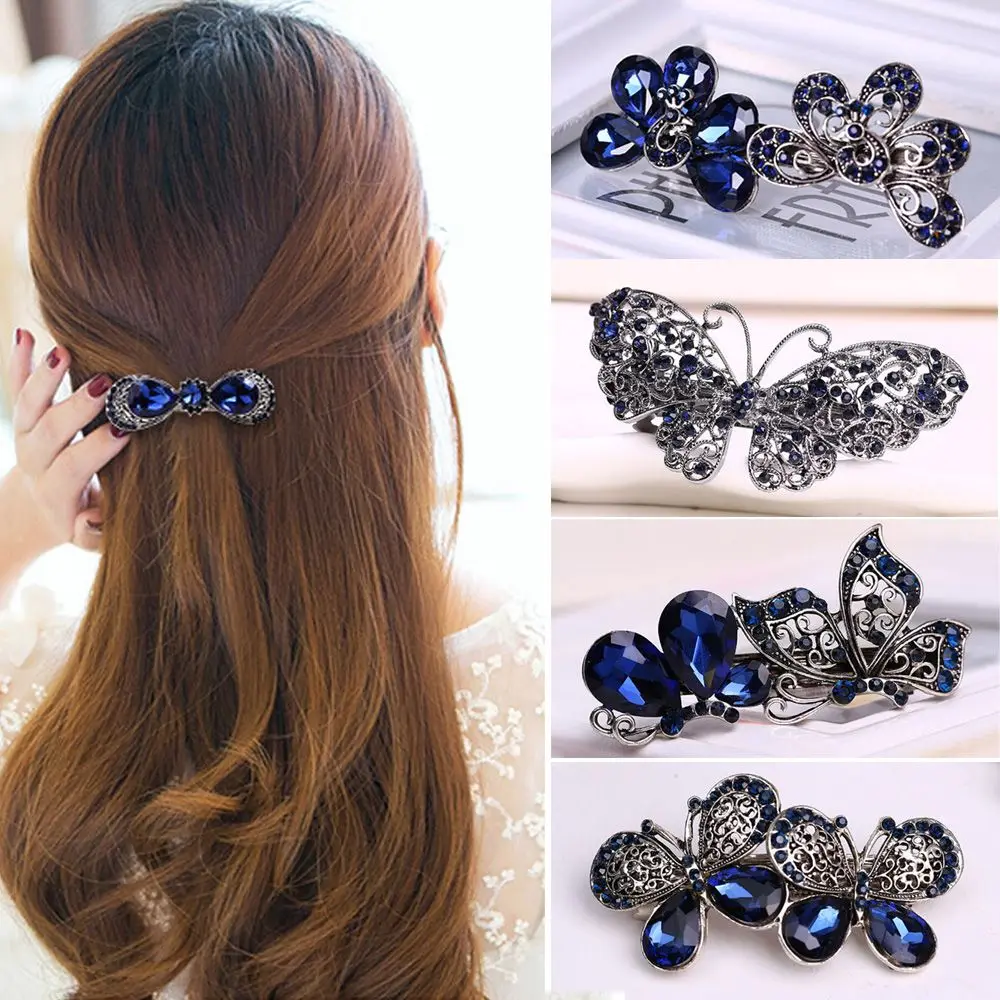 

Retro Vintage Crystal Women Metal Flowers Hairpin Butterfly Hair Clip Bow Knot Barrette Rhinestone