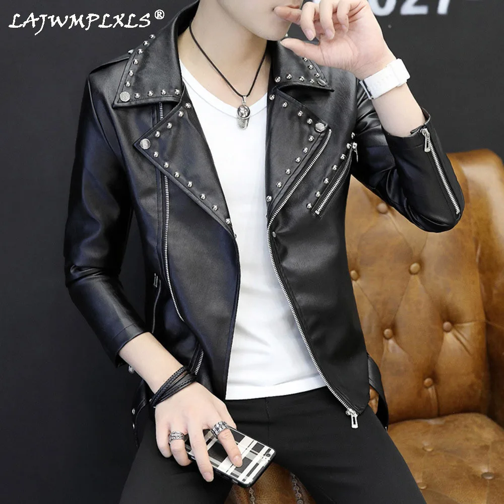 

Casual PU Leather Slim Men Jacket Fashion New Personality Rivet Zipper Men Leather Jacket Streetwear Motorcycle Coats Nightclub