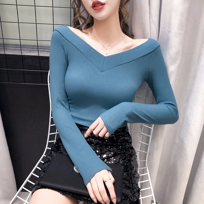 

female v-neck streetwear sexy T-shirt girls stretchy full sleeve tshirts tops for spring autumn woman real photos