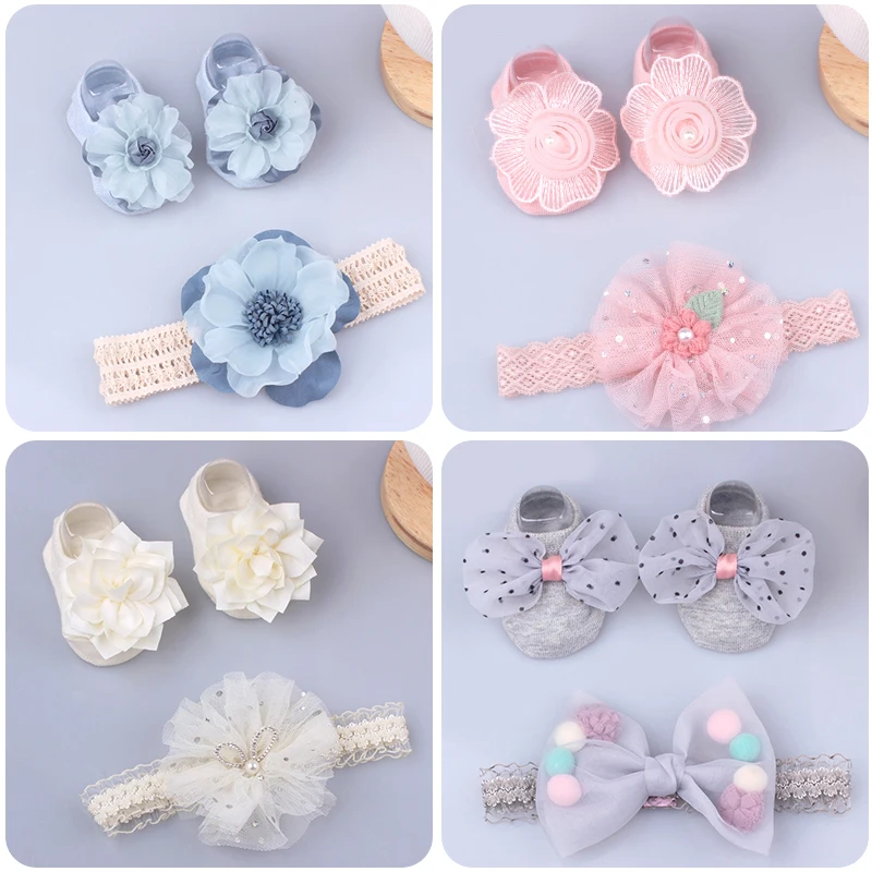 

2 Pcs/Set Cute Baby Girl Headband Socks Set Lace Bows Newborn Turban Elastic Headbands Hairband For Girls Baby Hair Accessories
